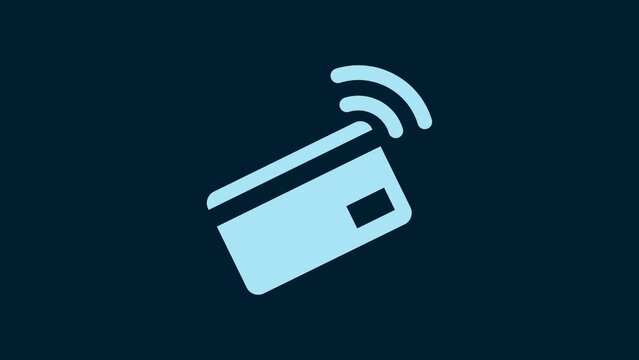 White Contactless payment with nfc card icon isolated on blue background. Card with radio wave sign. Credit card payment. 4K Video motion graphic animation