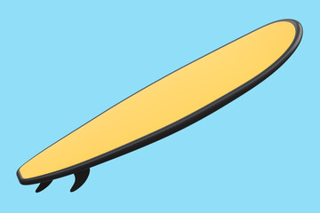 Realistic orange surfboard for summer surfing isolated on blue background.