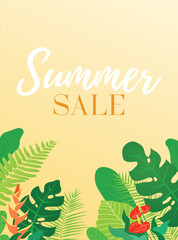 Summer sale or summertime template vector poster or flyer with tropical plants and flowers background. Palm leaves, monstera leaves, anthurium flowers card or poster with copy space.