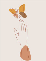Minimalist hand and butterfly simple