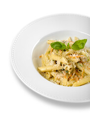Pasta. Penne Pasta with Bolognese Sauce, Parmesan Cheese and Basil on a Fork. Italian Cuisine. Mediterranean food