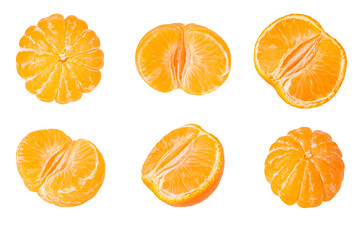 Set of six peeled ripe tangerine fruits isolated on white