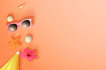 Summer holidays background with copy space. Top view of various beach elements on a warm background. Pair of sunglasses, shells of different shapes, starfish, hibiscus flower and parasol or umbrella.  © Alix