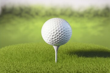 Close up of a golf ball on tee with a green grass background. Generative AI illustration.