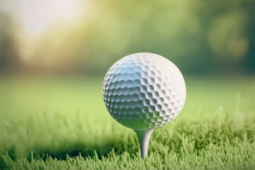 Close up of a golf ball on tee with a green grass background. Generative AI illustration.