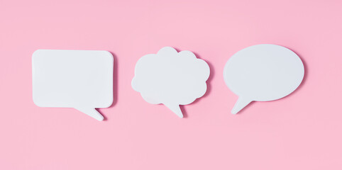 Clouds of dialogue. Form for letter or text. Thought concept. Chat icons on a pink background. 3D visualization. 3D image. Copy space.