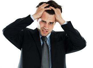 Face, stress and burnout business man in studio isolated on a white background. Anxiety, depression and portrait of angry male employee pulling his hair out after bad news, deal or financial crisis