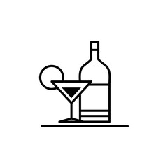Cocktail glass and bottle on tray icon vector. Waiter job pictogram symbol. Bar or nightclub logo vector.