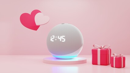 Minimalist scene with voice controlled speaker on podium and red gift and flying heart-shaped. Stage for product demonstration, showcase on Valentine's day. 3d rendering