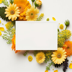 Bright yellow summer flowers with blank paper