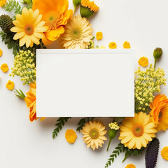 Bright yellow summer flowers with blank paper