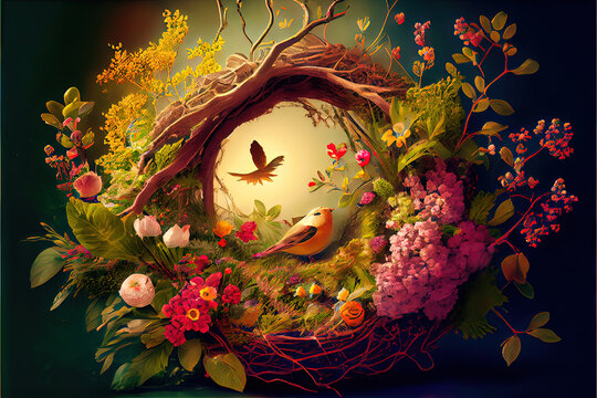 Spring Equinox - Generative AI floral image of the annual equinox of the Spring season. Flowers blossom and plants thrive during this seasonal occasion when night and day balance