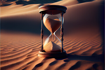 The Sands of Time - sand-filled hourglass in a sandy desert created by Generative AI