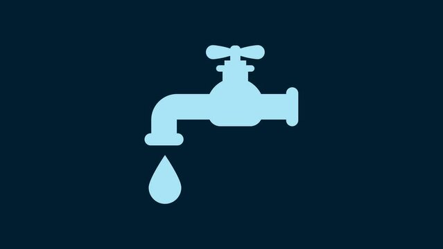 White Water tap with a falling water drop icon isolated on blue background. 4K Video motion graphic animation