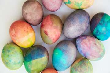 Group of easter painted eggs on white background