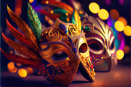 Mardi Gras Mask - Intricate and ornate mask in traditional Mardi Gras purple, green, and gold colors. Generative AI image to celebrate Fat Tuesday in New Orleans