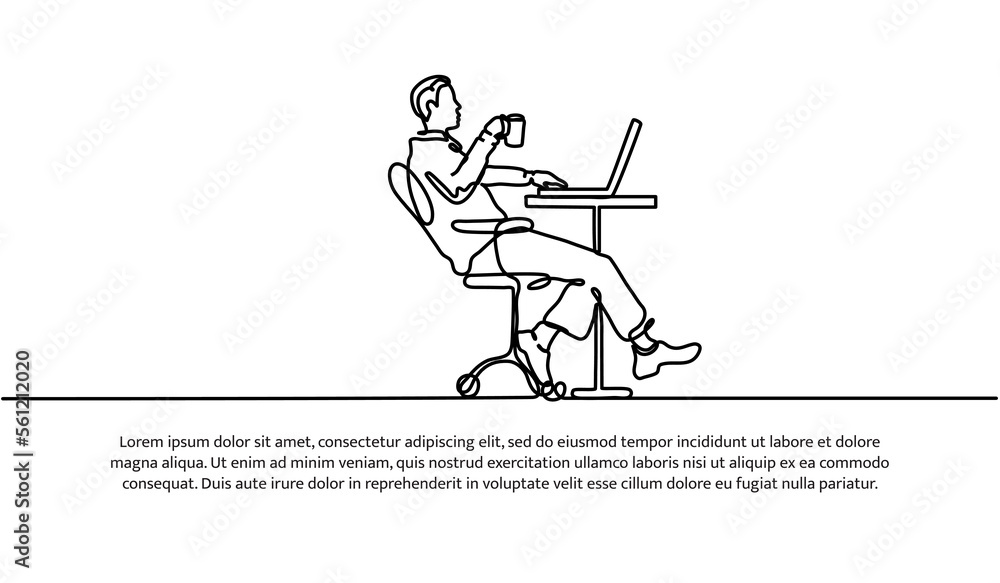 Poster continuous line design of a man working while drinking in a cup. relax work design concept. decorati