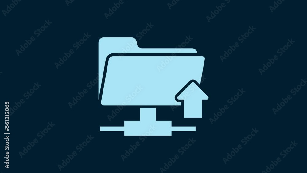 Poster white ftp folder upload icon isolated on blue background. software update, transfer protocol, router