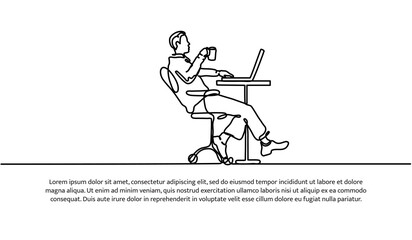 Continuous line design of a man working while drinking in a cup. Relax work design concept. Decorative elements drawn on a white background.