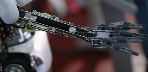 Future technology in black prosthetic hand closeup