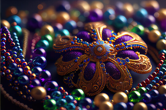 Mardi Gras Mask - Intricate and ornate mask in traditional Mardi Gras purple, green, and gold colors. Generative AI image to celebrate Fat Tuesday in New Orleans