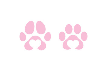 Dog cat love paw print with heart shape vector illustration icon set. Pet shop or veterinary logo design. Dog cat paw prints stickers.