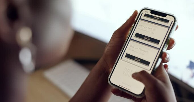 Job search, smartphone screen and hands on recruitment website, we are hiring or hr software on mobile app. Ux design, Human Resources marketing or advertising for career SEO search engine technology