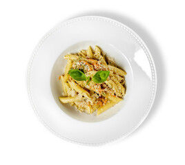 Pasta. Penne Pasta with Bolognese Sauce, Parmesan Cheese and Basil on a Fork. Italian Cuisine. Mediterranean food