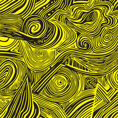 This is a black and white vector illustration depicting a dense, intricate pattern of intertwined wavy lines. The lines are depicted in shades of black on a bright yellow background.