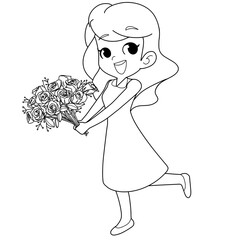 Vantine’s day.in love.Cute cartoon girl in holding rose in hand outlined for coloring page on white background.vector on white background.