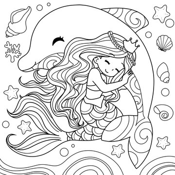 Mermaid and dolphin cartoon coloring book page .black and white out line.