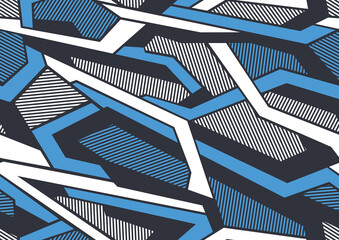 Abstract camouflage geometric seamless pattern with striped polygonal shapes. Modern digital sport texture ornament for fabric, fashion and vinyl wrap print. Vector background.