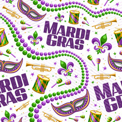 Vector Mardi Gras seamless pattern, repeat background with illustrations of fleur de lis symbol, venice mask, colorful beads, music instruments, text mardi gras on white background for wrapping paper © mihmihmal