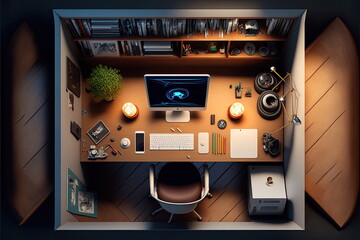 top view 3d workspace, desk, Made by AI,Artificial intelligence