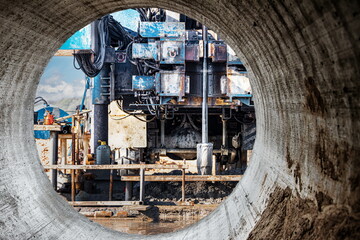 Close-up of a car-based drilling rig at a construction site. Drilling deep wells for mining.....