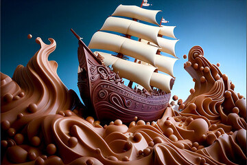 A chocolate sailboat sails on a sea of chocolate. AI generated.