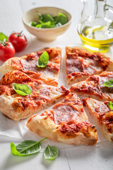 Homemade and tasty pizza served with lemonade. Traditional Italian pizza.