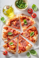 Traditional and fresh pizza ready to eat. Classic Italian cuisine.