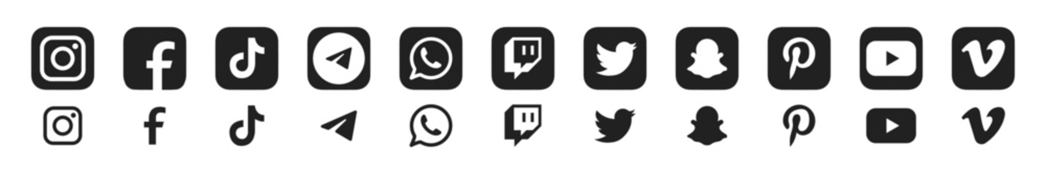 Zdolbuniv, Ukraine - January 14, 2023: Social media icon collection. Vector editorial illustration. Instagram Facebook TikTok Twitch WhatsApp Telegram and other logotype icons set. EPS 10.