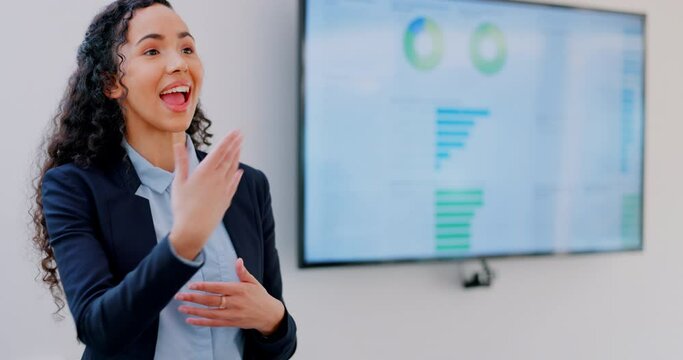 Business woman, presentation and finance meeting conference of a employee talking. Office strategy, conversation and coaching communication of a financial worker doing training with investment data