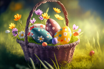 Easter basket with colorful easter eggs. Generative AI.