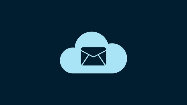 White Cloud mail server icon isolated on blue background. Cloud server hosting for email. Online message service. Mailbox sign. 4K Video motion graphic animation