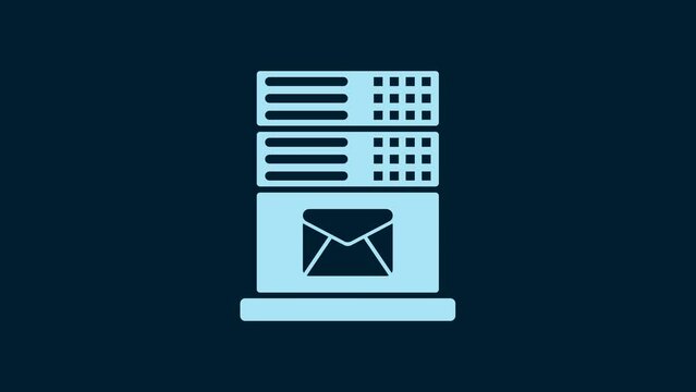 White Mail server icon isolated on blue background. 4K Video motion graphic animation
