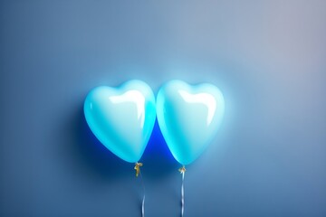 Fototapeta na wymiar Two blue heart shaped balloons with string in front of a pastel blue wall. Valentine's day