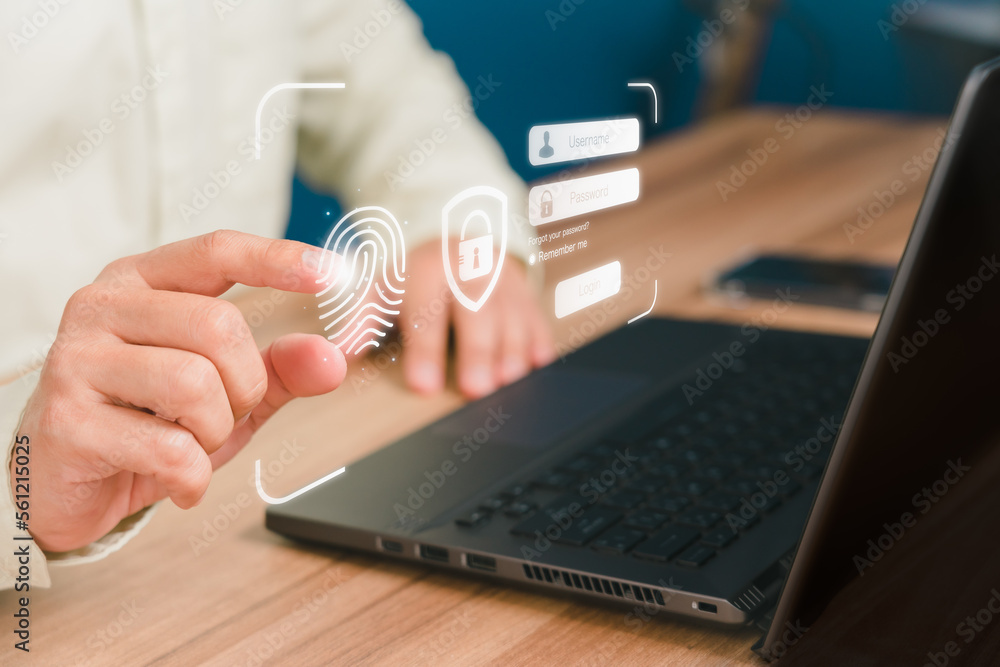 Poster Man login with fingerprint scanning technology in the computer. Secure encryption and access to the user's private information to access the Internet.