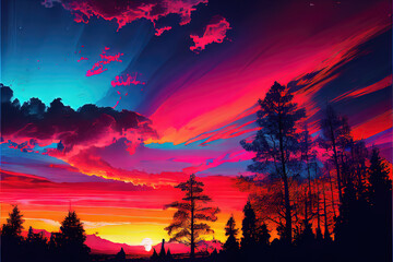 Epic Sunset - vibrant and colorful skies as the sun lowers under the horizon at dusk. Generative AI landscape with natural oil painting look