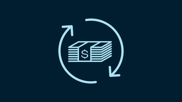 White Refund money icon isolated on blue background. Financial services, cash back concept, money refund, return on investment, savings account. 4K Video motion graphic animation
