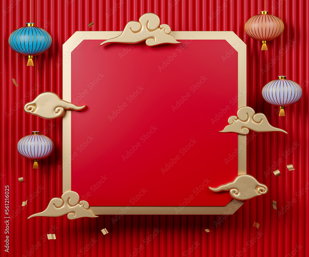 Poster 3d rendering empty frame with gold clouds and lantern. chinese new year day background with copy spa