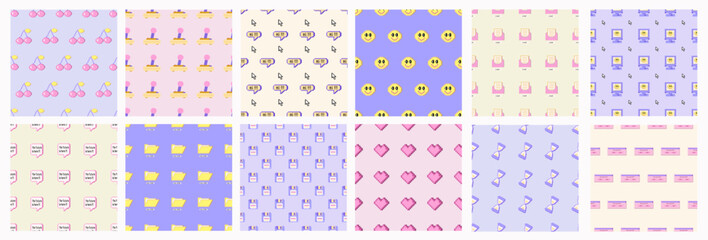2000s y2k style groovy trippy seamless pattern Old pc game 90s aesthetic. Pixel icons, diskette, joystick, dialog boxes. Set of vaporwave and retrowave style patterns.