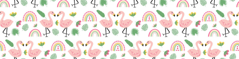 Seamless pattern summer flamingo, rainbow and tropical florals. Vector illustration. Vector design for card, brochure, paper, cover, fabric, interior decor and other.